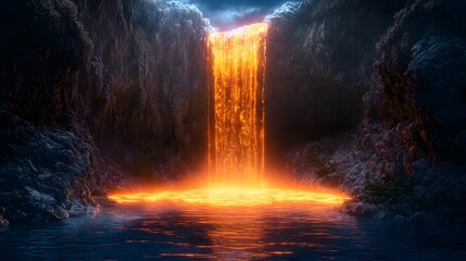 Fiery Lava Waterfall Illuminating Dark Rocky Canyon Landscape