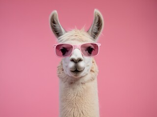 Obraz premium A stylish llama with pink sunglasses against a vibrant pink background.