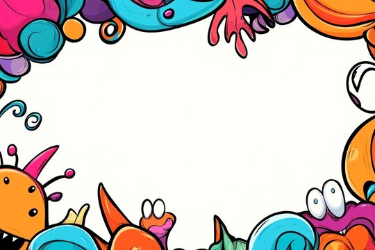 Cartoon Monsters Border Colorful creatures surround white space, ideal for text overlay on bright patterned background