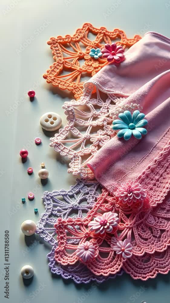 Aufkleber a bunch of colorful crochet lace with buttons and flowers on it. there are also beads and pearls on 