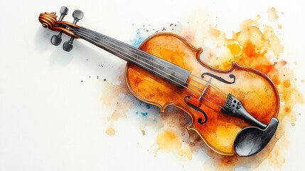 Fototapeta premium Delicate watercolor violin with warm brown wood tones, white background