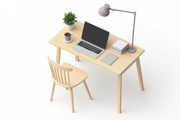 modern workspace featuring wooden desk, laptop, plant, and lamp, creating productive atmosphere. Ideal for home office or study