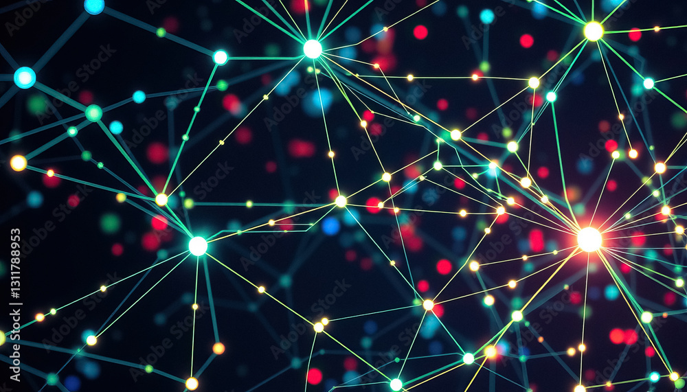 Poster abstract network illustration featuring glowing points connected by lines against dark background