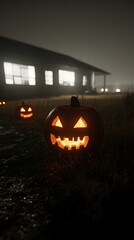 Obraz premium Carved pumpkins by house at night, spooky ambiance