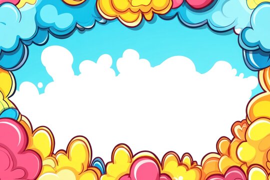 Cartoon sky framing a white space. Clouds, whimsical border, vibrant color scheme. Bright, sunny, cheerful