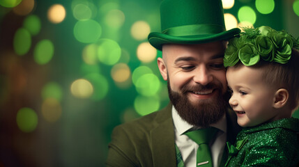 A father and child celebrate St. Patrick's Day in green suits, with space for text.

