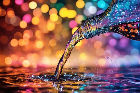 A colorful liquid is being poured from a bottle into water
