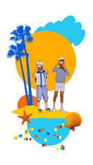 Children dressed as sailors, capturing seaside memories with vintage cameras against tropical palm...
