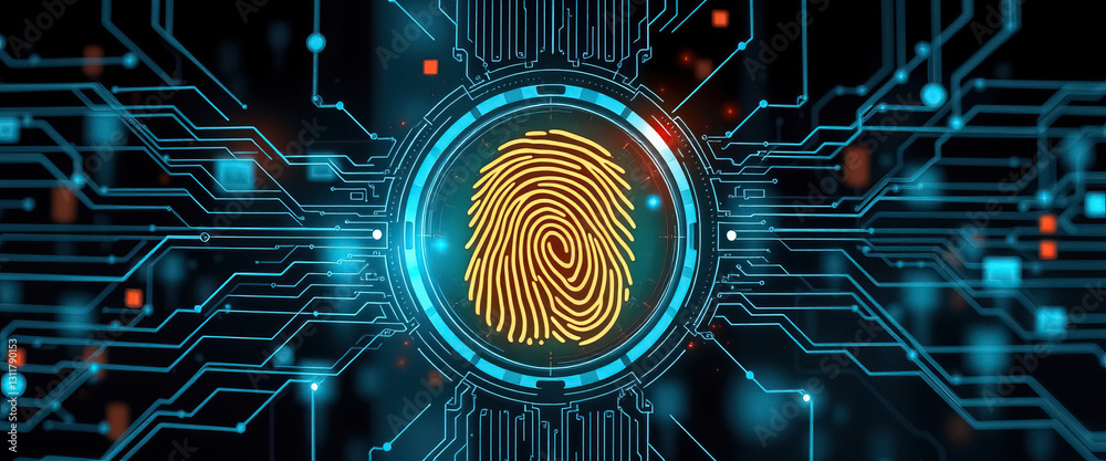 Poster Futuristic biometric authentication security system with circuit board and fingerprint scanner