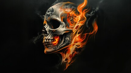 Digital illustration of a flaming skull featuring tattoo-inspired details, vivid fire effects, and a dark, ominous atmosphere. Perfect for fantasy and horror themes.. AI Generation