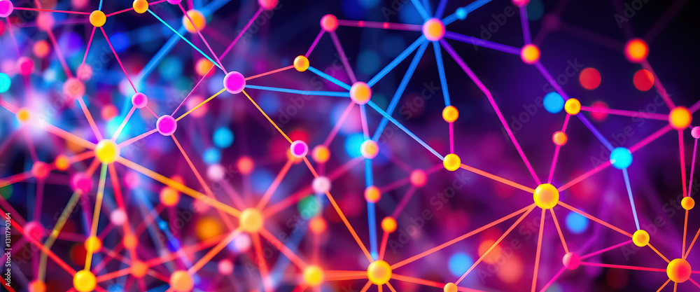 Poster Abstract network of colorful spheres connected by lines symbolizing connection and technology