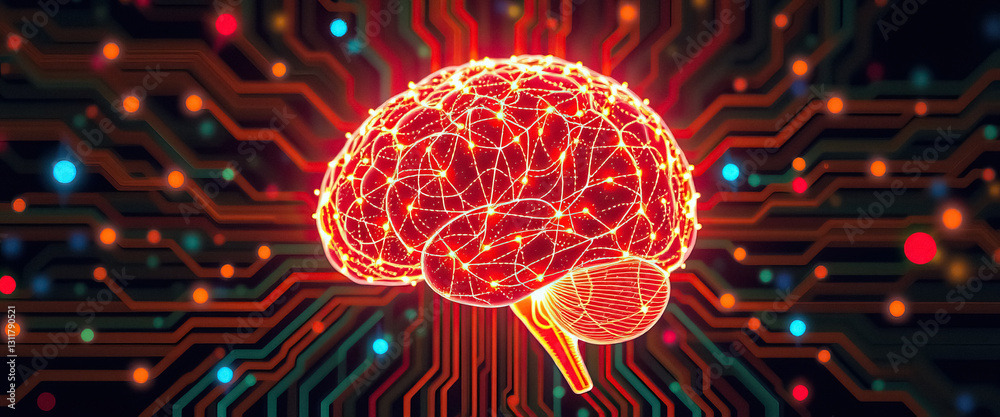 Poster Digital brain with glowing connections on circuit board symbolizing technology and intellect