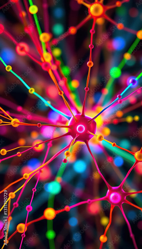 Poster interconnected network of vibrant neuron cells connections and complexity in bright colors