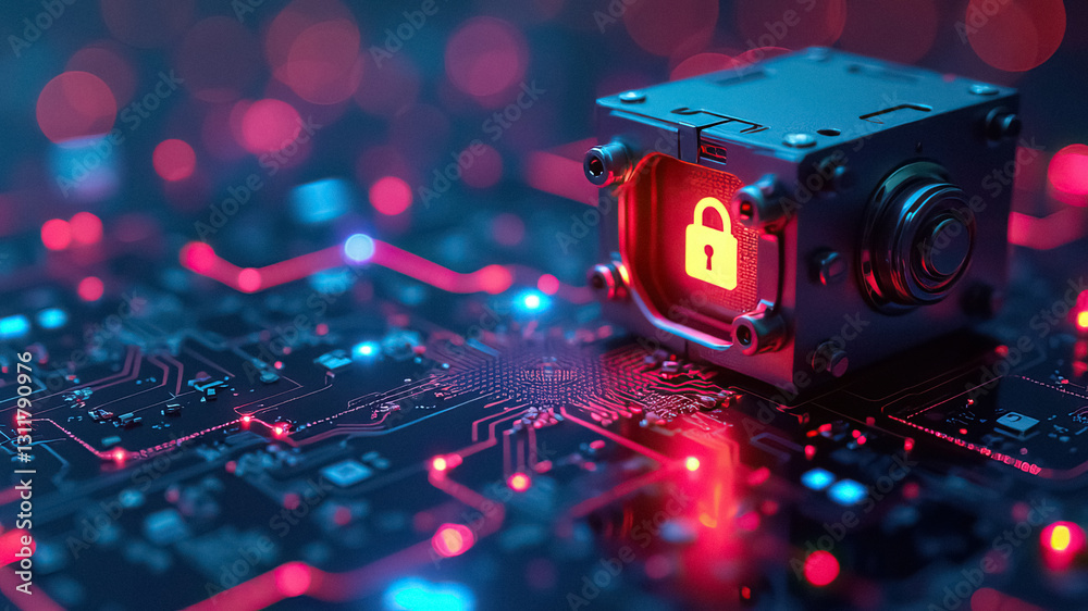 Poster Secured data cube resting on circuit board with glowing red and blue connections Security concept