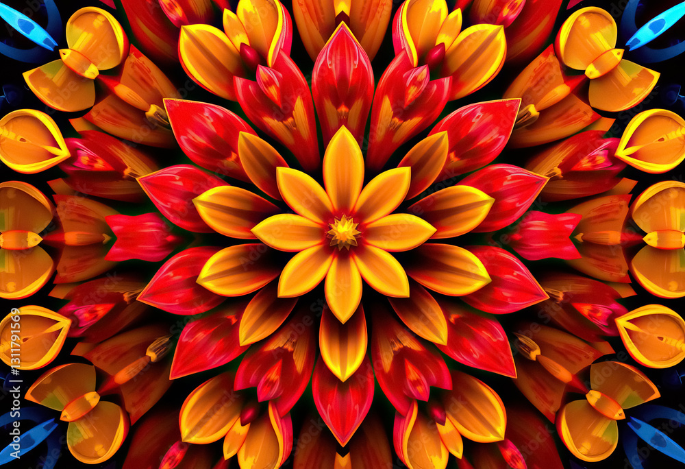 Poster Symmetrical kaleidoscopic abstract floral pattern with warm colors and dark background design element