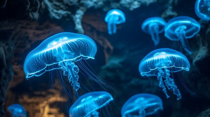 Ethereal Blue Jellyfish Swimming in Dark Ocean Waters Underlight