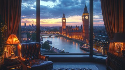 Fototapeta premium Elegant London loft with a high-backed leather chair, oversized windows showing Big Ben and the Thames River at dusk