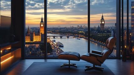 Elegant London loft with a high-backed leather chair, oversized windows showing Big Ben and the Thames River at dusk