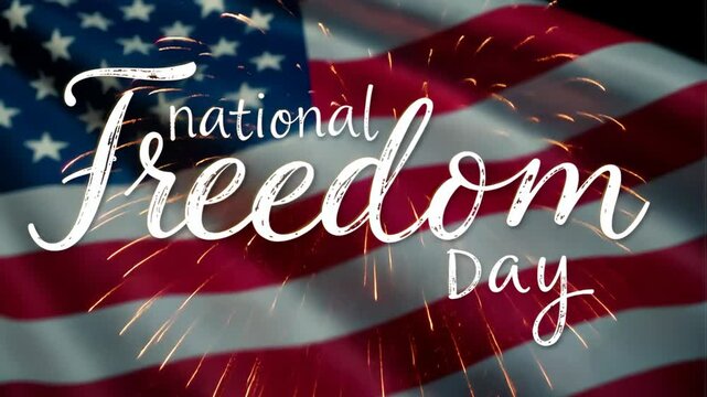 National Freedom Day animation banner. white Handwriting thin Letters "National Freedom Day" over American flag with fireworks blurred background. 4k video	
