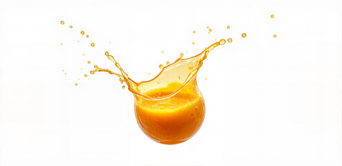 Vibrant splash of fresh orange juice creates a dynamic burst against a pristine white background.