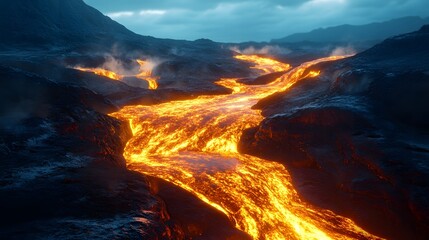 Fototapeta premium Molten Lava Flowing Through Rocky Landscape Under Dramatic Sky