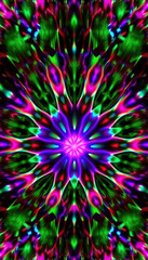 Kaleidoscope pattern with vibrant colors of green pink blue and purple radiating from center