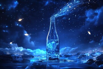 A glass bottle emits sparkling light in a starry night sky