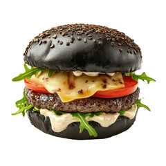 A gourmet black burger with melted cheese, fresh lettuce, and tomato, set against a neutral background. PNG transparent background 