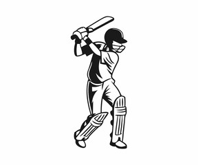 A dynamic black and white illustration of a cricket player mid-swing, showcasing athleticism and focus.
