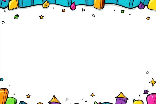 Colorful cartoon candies border top and bottom on a white background with space for text or image