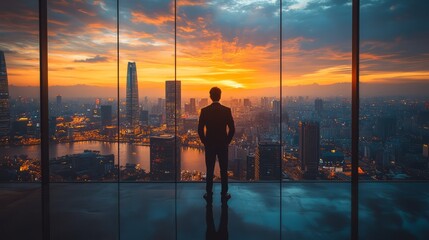 Fototapeta premium A business leader standing in front of a panoramic city view, looking at future opportunities