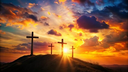 Vintage Sunset Calvary Silhouette: Three Crosses on Hilltop - Happy Easter