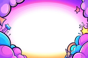 Colorful cartoon explosion frame, clouds and stars surrounding empty white space background