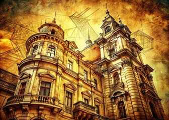 Fototapeta premium Vintage Surrealist Architectural Drawing: Intricate Background Texture Stock Photo