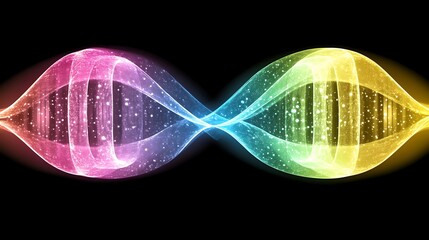 Colorful DNA helix strands with particles, black background, biology