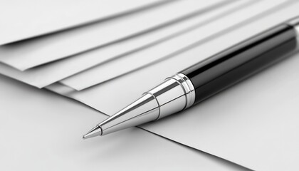 Naklejka premium Close-up of a generic pen resting on a stack of white paper documents with a shallow depth of field