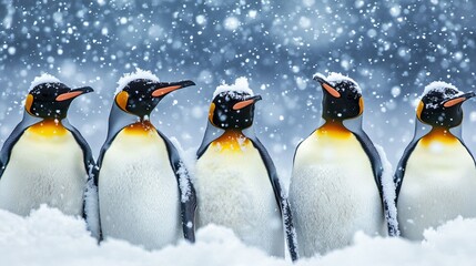 Five King Penguins in Snow Habitat