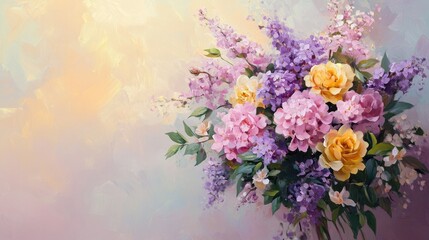 Obraz premium Romantic spring floral bouquet with soft pink, purple, and yellow hues on a pastel background