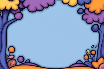Colorful cartoon trees frame light blue space, background art, with stylized plants and soft palette