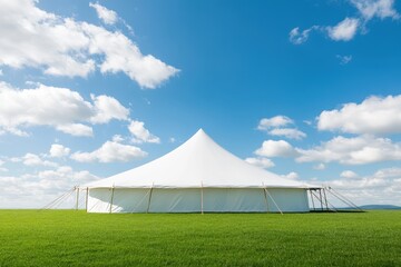 A large white tent stands prominently on a green field under a blue sky adorned with fluffy clouds.