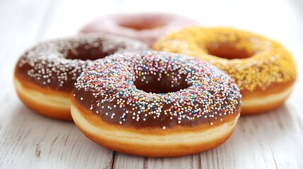 Colorful donuts on wood surface, background blurred, food concept