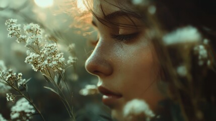 A close-up portrait of a young woman with closed eyes, appreciating the scent of delicate white flowers in warm, golden light. The soft focus and natural lighting emphasize a peaceful, intimate moment