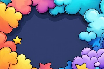 Colorful clouds border a dark space, with shining stars in a whimsical, celestial illustration
