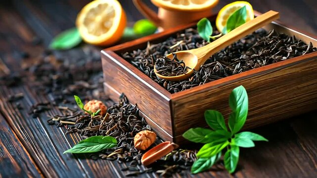A rustic wooden table displays an elegant wooden tea box brimming with loose-leaf tea selections. Hand-carved wooden spoons rest atop finely textured tea leaves, with fresh herbs a
