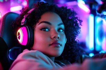 A focused plus-size gamer wearing RGB headphones immerses herself in high-tech gameplay. The neon-lit gaming room enhances the captivating atmosphere as she plays