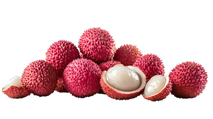 A fresh lychee, with some peeled and some unpeeled, isolated on a transparent background, showing the different textures