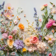 Spring floral composition made of fresh colorful flowers on light pastel background