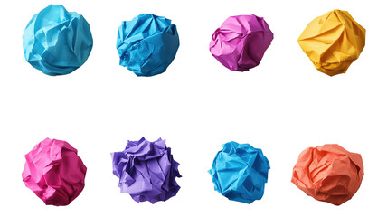 A group of crumpled paper balls in various crumple styles, isolated on a transparent background.