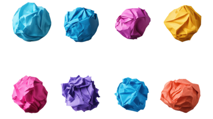 A group of crumpled paper balls in various crumple styles, isolated on a transparent background.