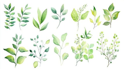 Obraz premium Stylish watercolor botanical collection featuring green leaves, floral accents, and organic brush strokes